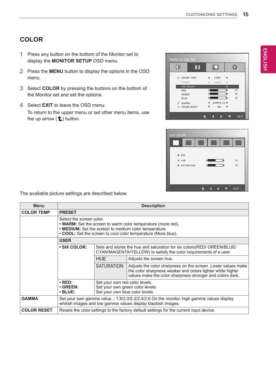 Color | LG IPS225T-BN User Manual | Page 15 / 26