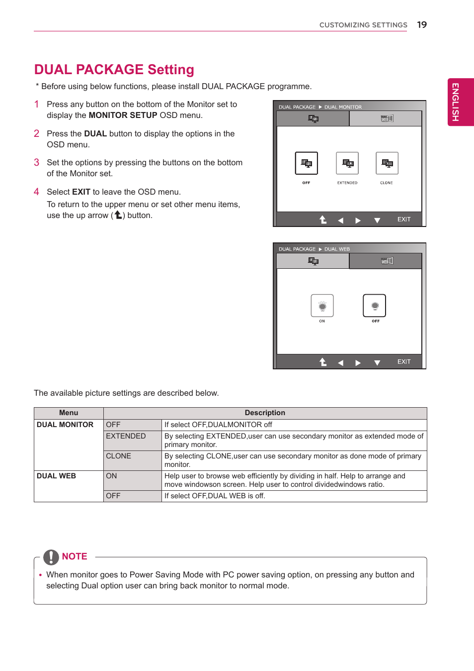 Dual package setting, 19 dual package setting | LG IPS225T-BN User Manual | Page 19 / 26