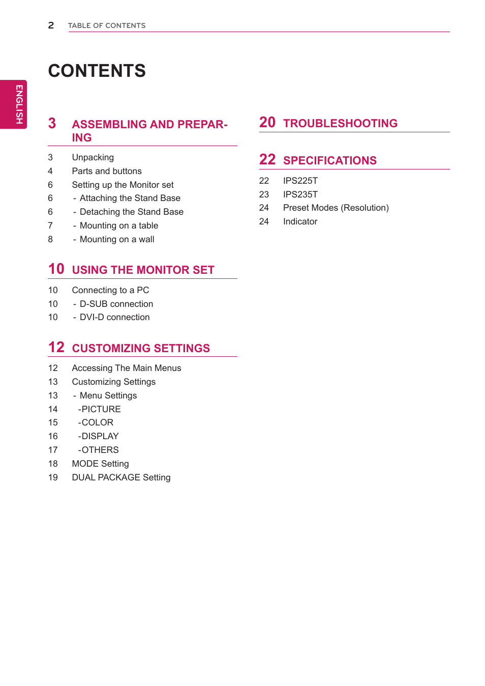 LG IPS225T-BN User Manual | Page 2 / 26