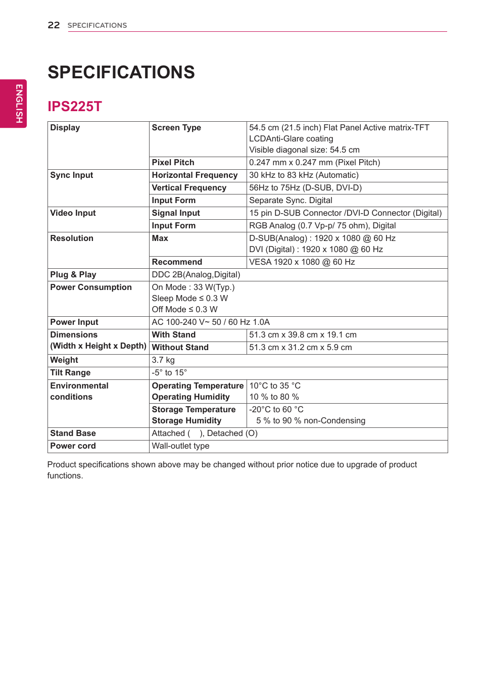 Specifications, Ips225t, 22 ips225t | LG IPS225T-BN User Manual | Page 22 / 26
