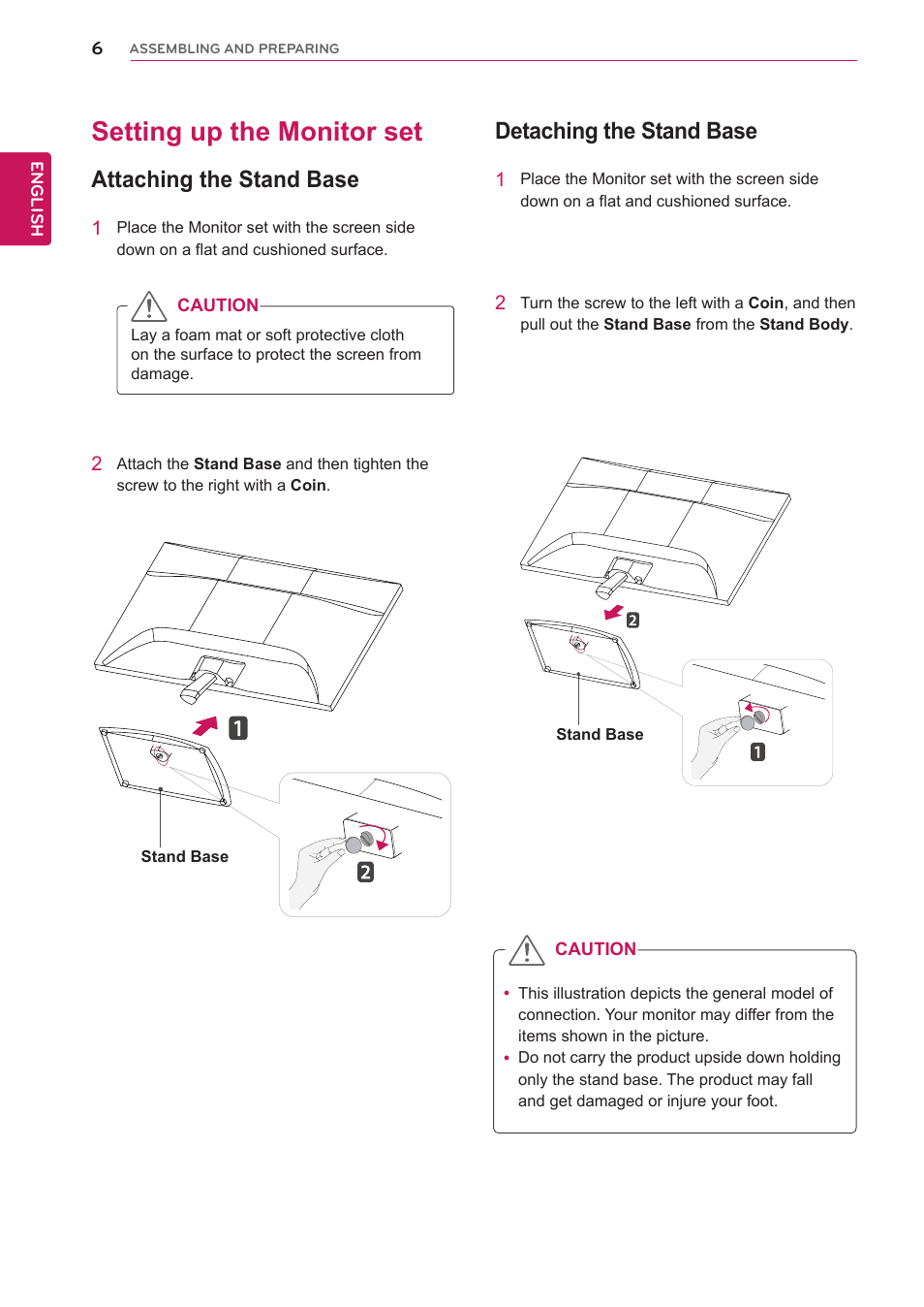 Setting up the monitor set, Attaching the stand base, Detaching the stand base | LG IPS225T-BN User Manual | Page 6 / 26