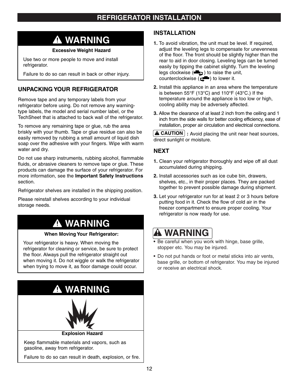Wwarning, Warning, Refrigerator installation | LG LFX25960ST User Manual | Page 12 / 44