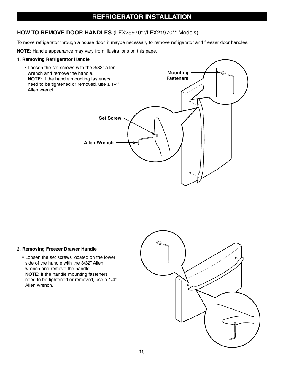 Refrigerator installation | LG LFX25960ST User Manual | Page 15 / 44