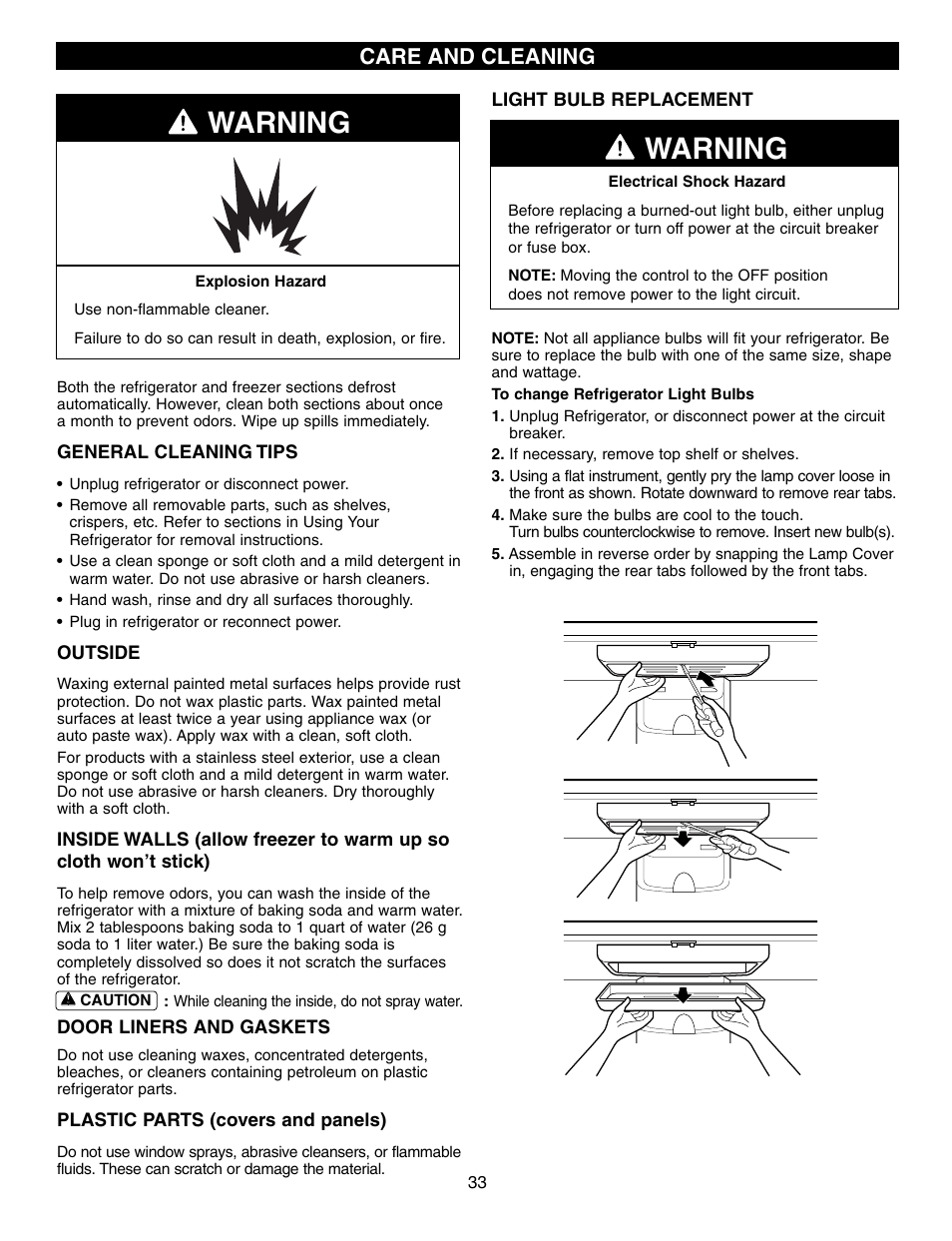 Warning, Care and cleaning | LG LFX25960ST User Manual | Page 33 / 44