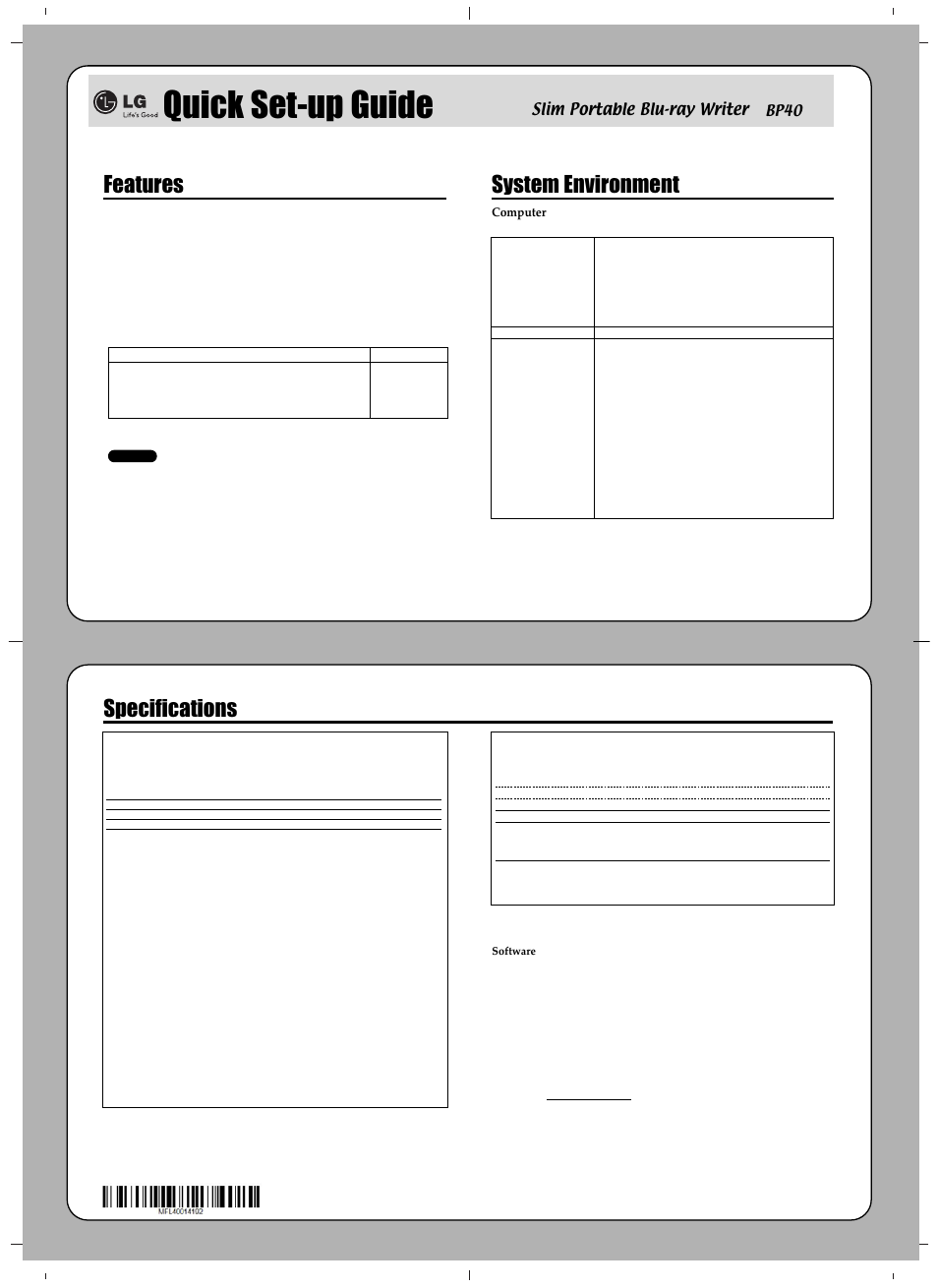 Quick set-up guide, Features, System environment | Specifications, Slim portable blu-ray writer | LG BP40NS20 User Manual | Page 3 / 4