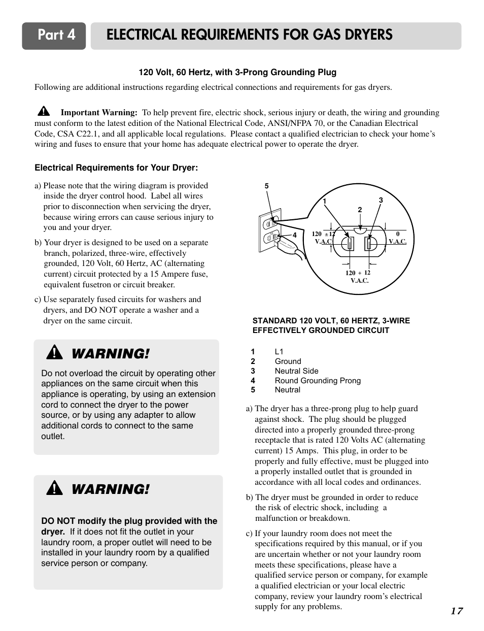 Part 4 electrical requirements for gas dryers, Warning | LG TD-V10020E User Manual | Page 18 / 60