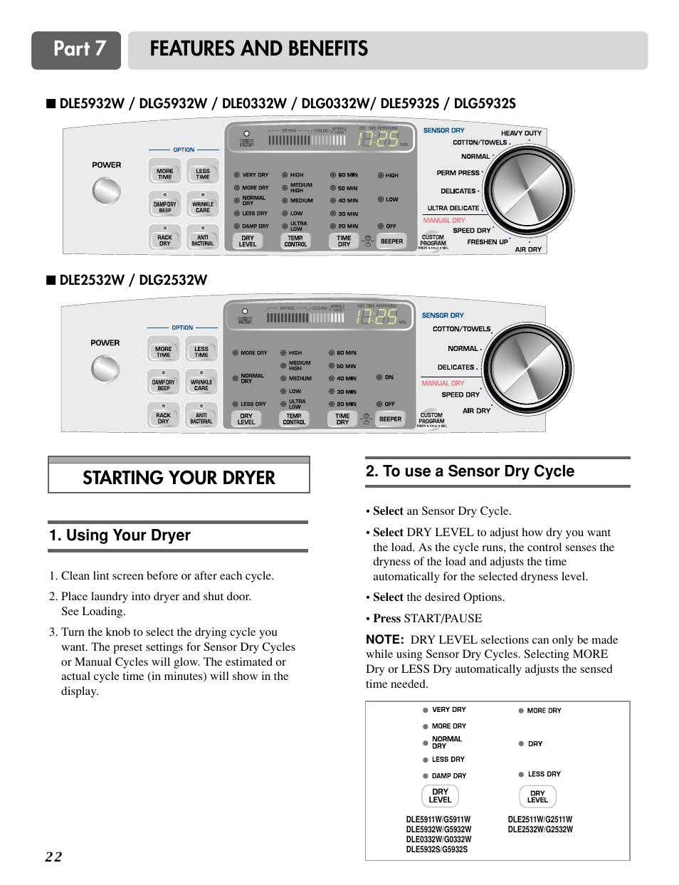 Part 7 features and benefits, Starting your dryer | LG TD-V10020E User Manual | Page 23 / 60