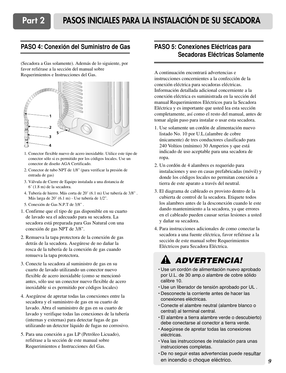 Advertencia, Paso 4: conexión del suministro de gas | LG TD-V10020E User Manual | Page 39 / 60