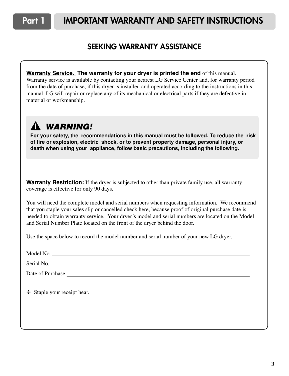 Part 1 important warranty and safety instructions, Warning, Seeking warranty assistance | LG TD-V10020E User Manual | Page 4 / 60