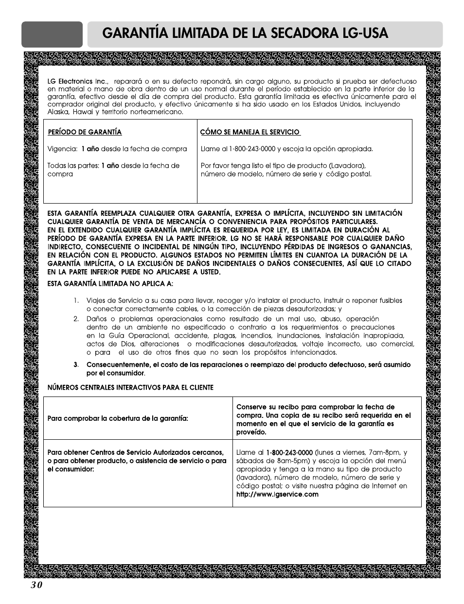 Garantía limitada de la secadora lg-usa | LG TD-V10020E User Manual | Page 60 / 60