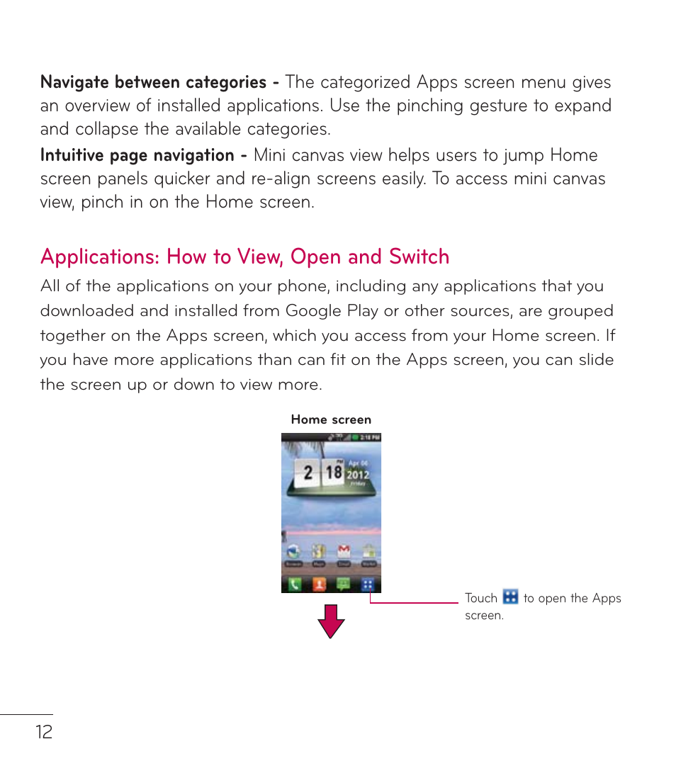 Applications: how to view, open and switch | LG LGL75C User Manual | Page 12 / 48