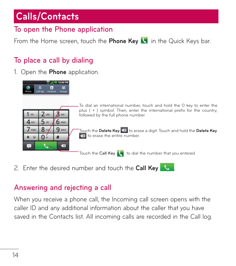 Calls/contacts, Answering and rejecting a call | LG LGL75C User Manual | Page 14 / 48