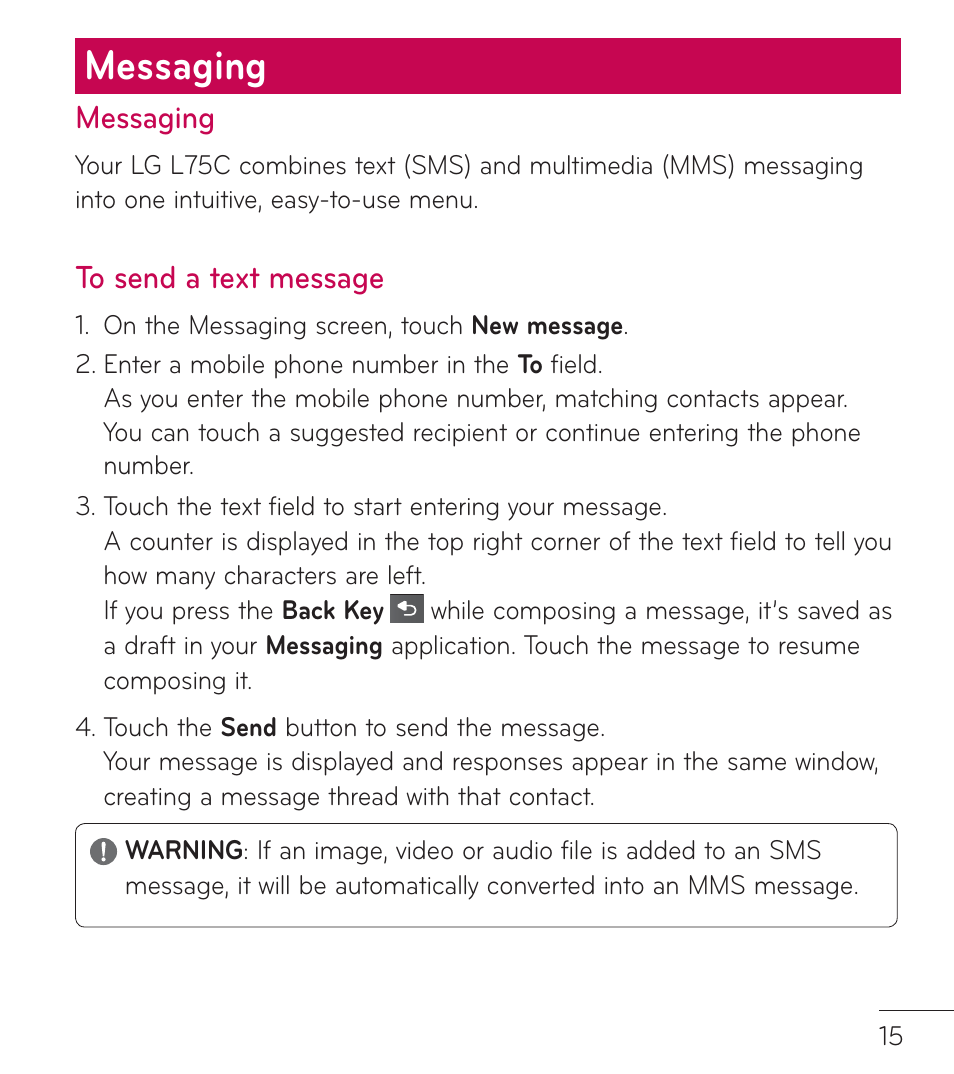 Messaging | LG LGL75C User Manual | Page 15 / 48