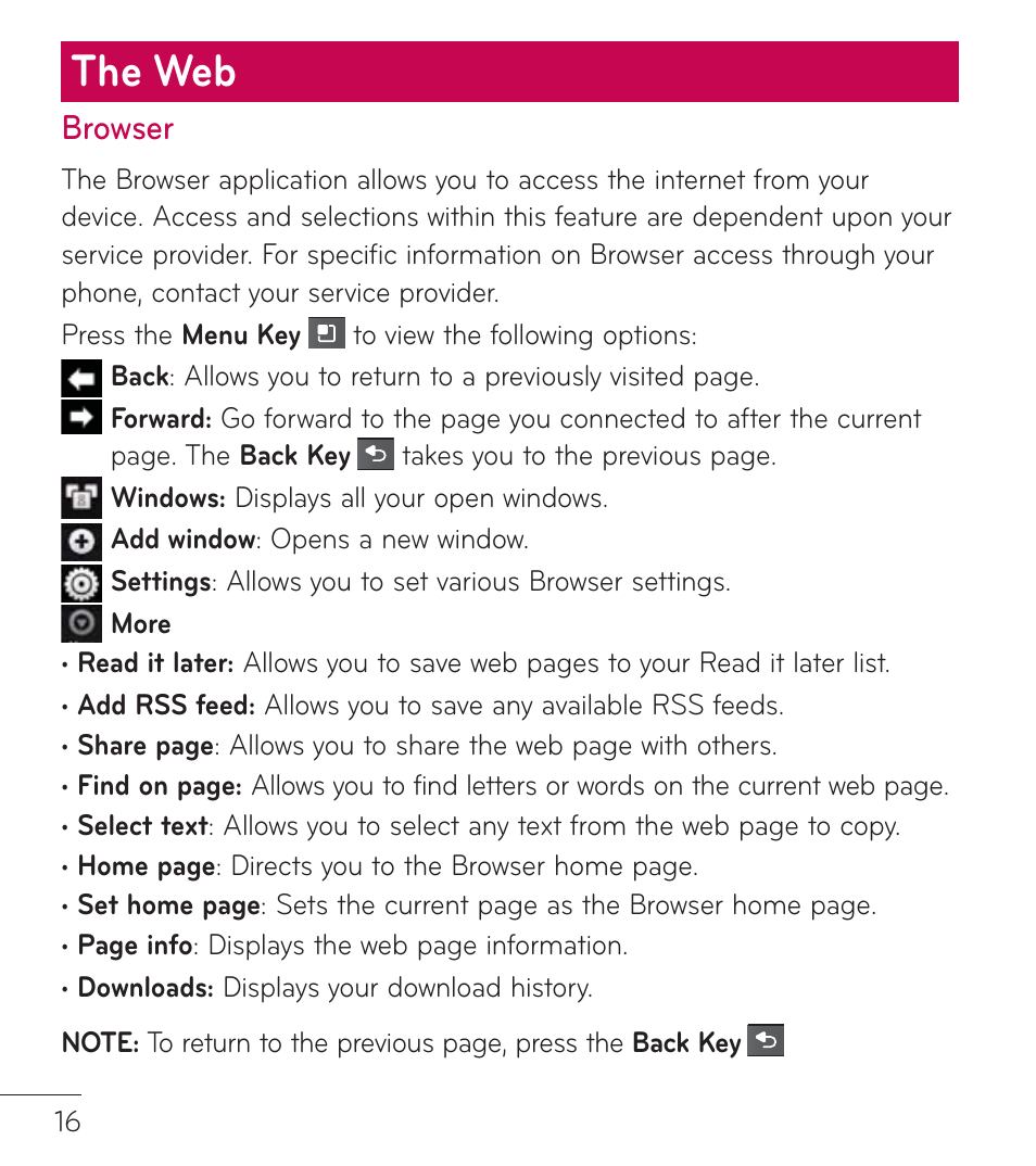 The web, Browser | LG LGL75C User Manual | Page 16 / 48