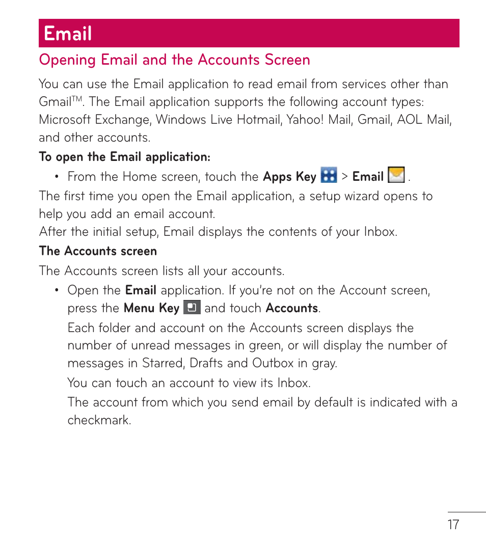 Email, Opening email and the accounts screen | LG LGL75C User Manual | Page 17 / 48