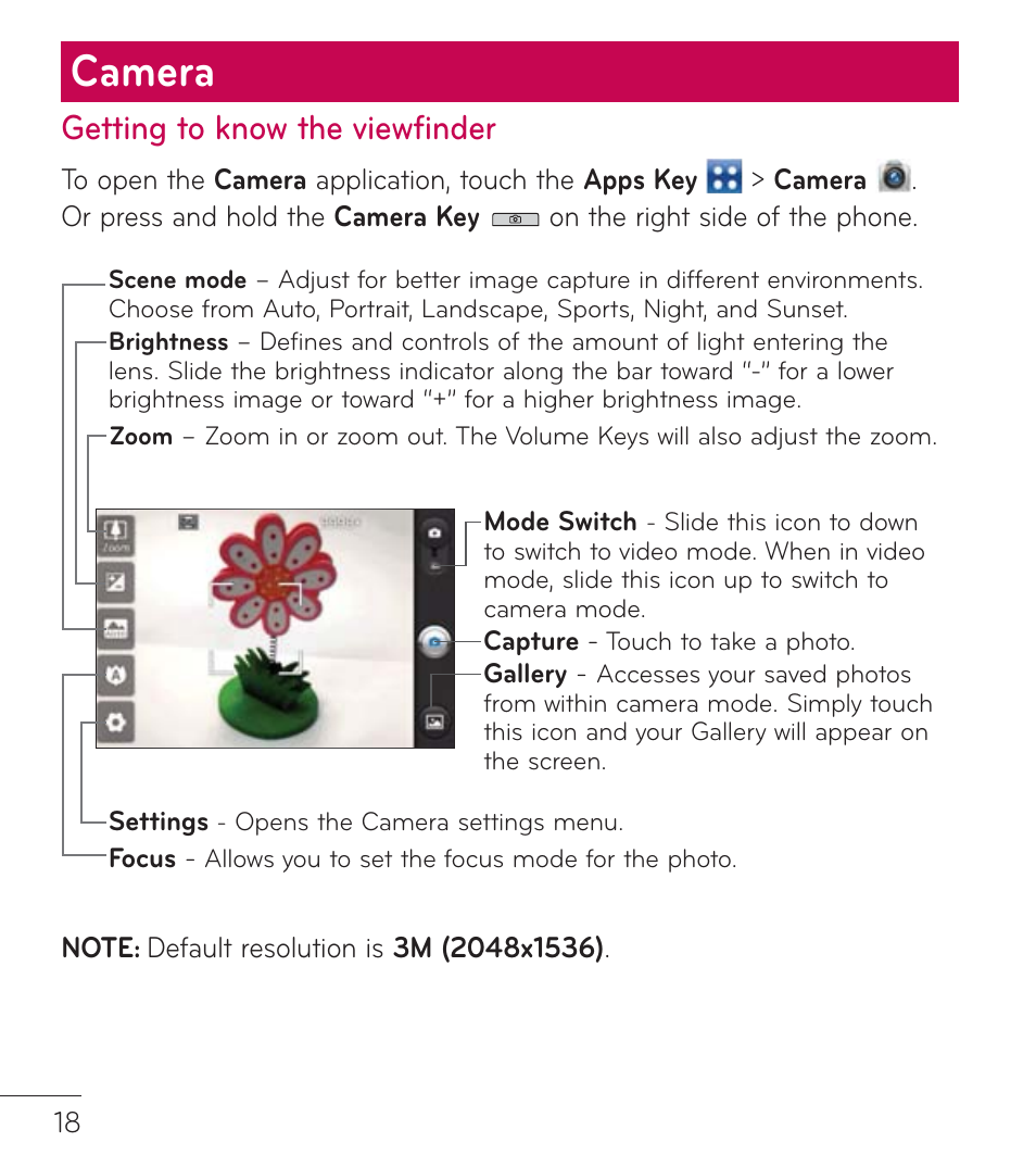 Camera, Getting to know the viewfinder | LG LGL75C User Manual | Page 18 / 48