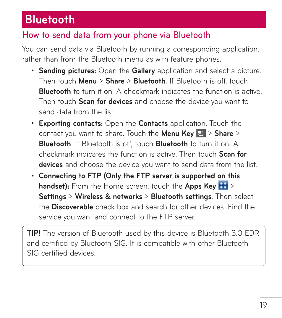 Bluetooth, How to send data from your phone via bluetooth | LG LGL75C User Manual | Page 19 / 48