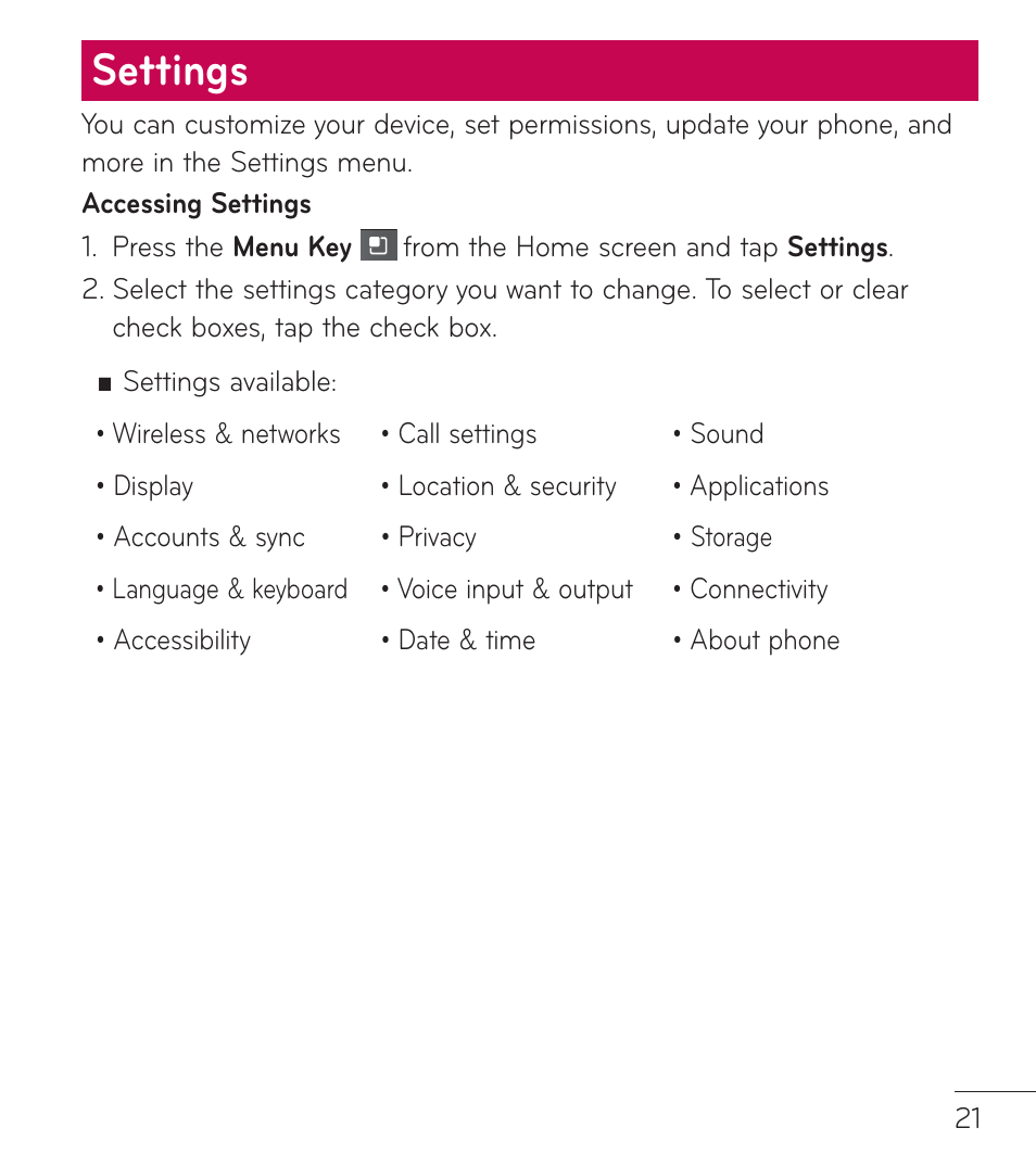 Settings | LG LGL75C User Manual | Page 21 / 48