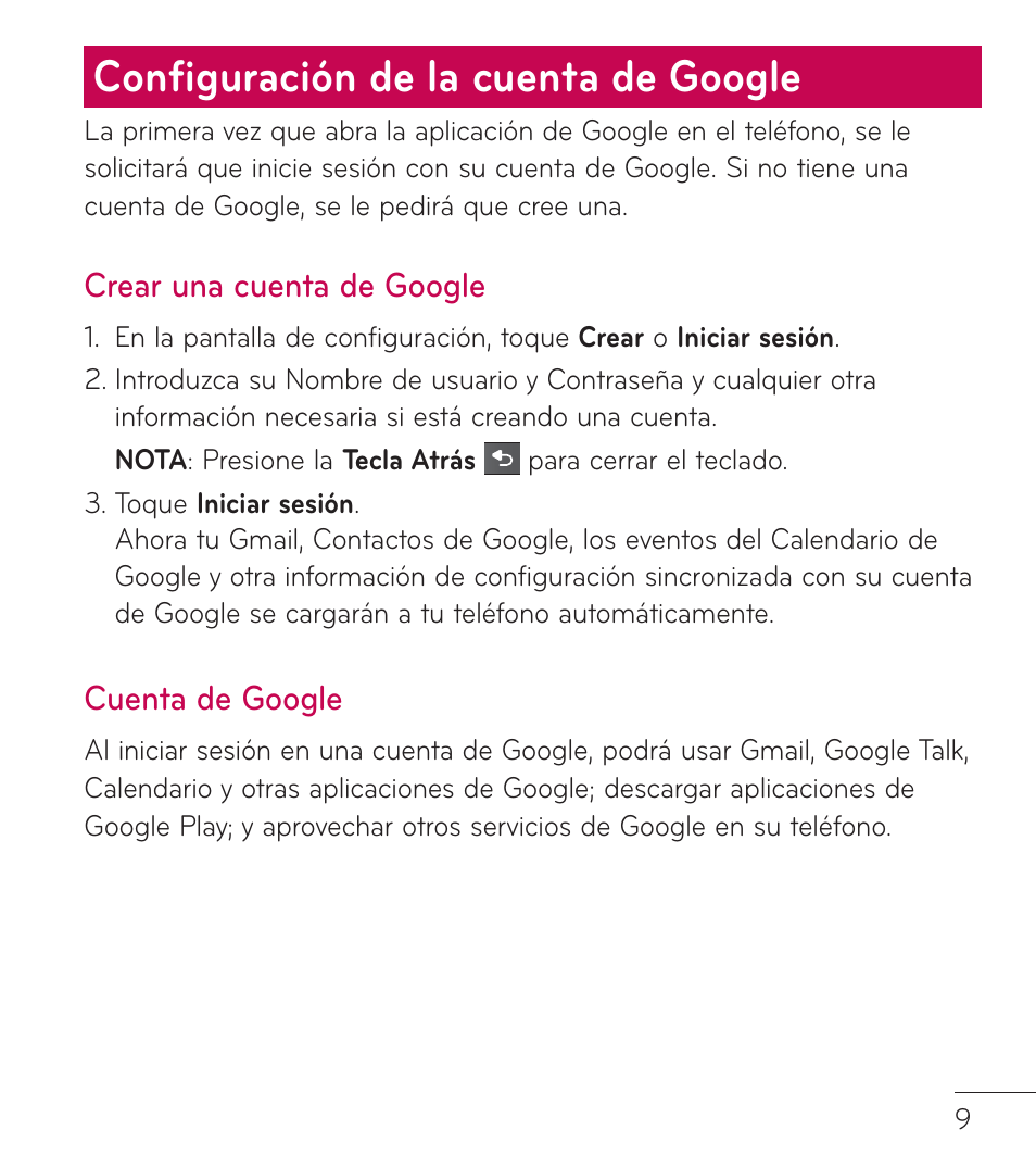 Conﬁguración de la cuenta de google | LG LGL75C User Manual | Page 31 / 48