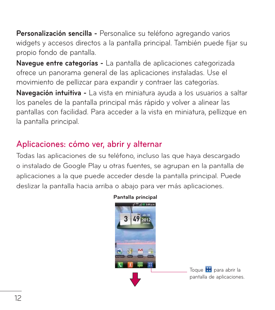 Aplicaciones: cómo ver, abrir y alternar | LG LGL75C User Manual | Page 34 / 48