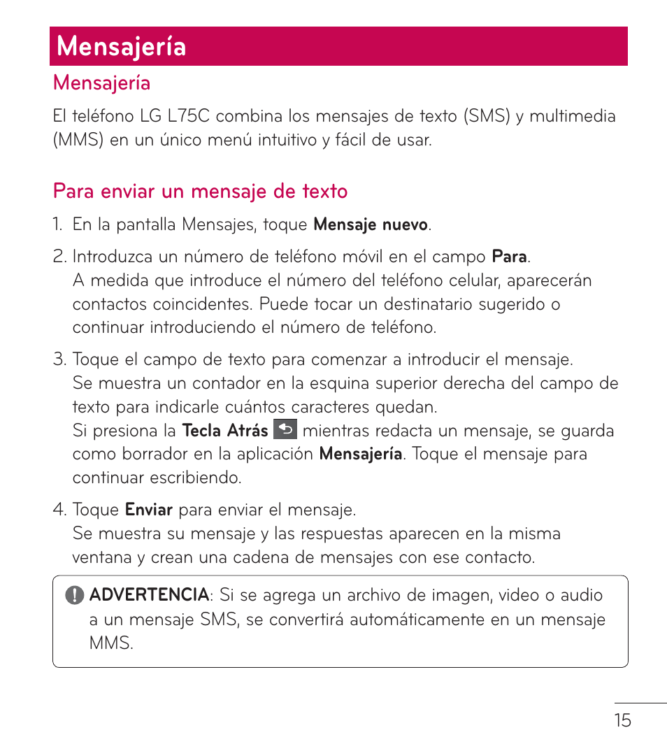 Mensajería, Para enviar un mensaje de texto | LG LGL75C User Manual | Page 37 / 48