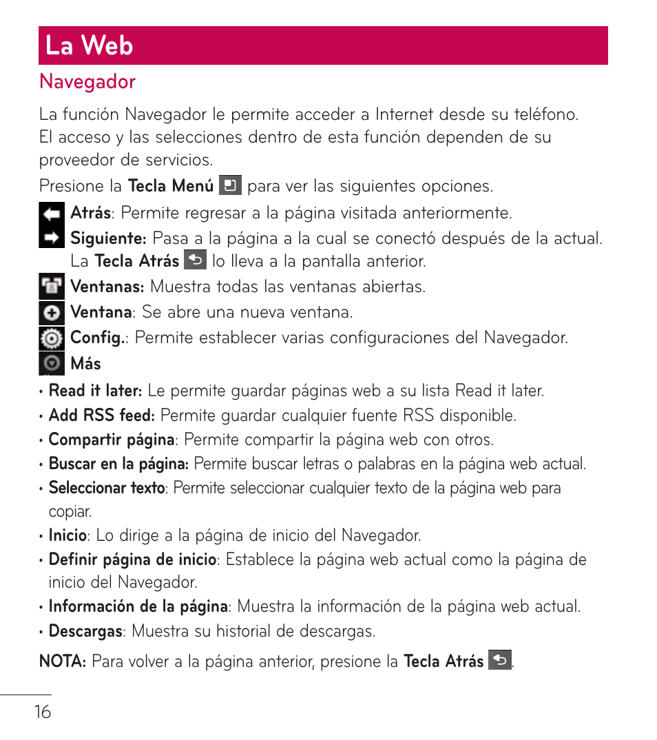La web, Navegador | LG LGL75C User Manual | Page 38 / 48
