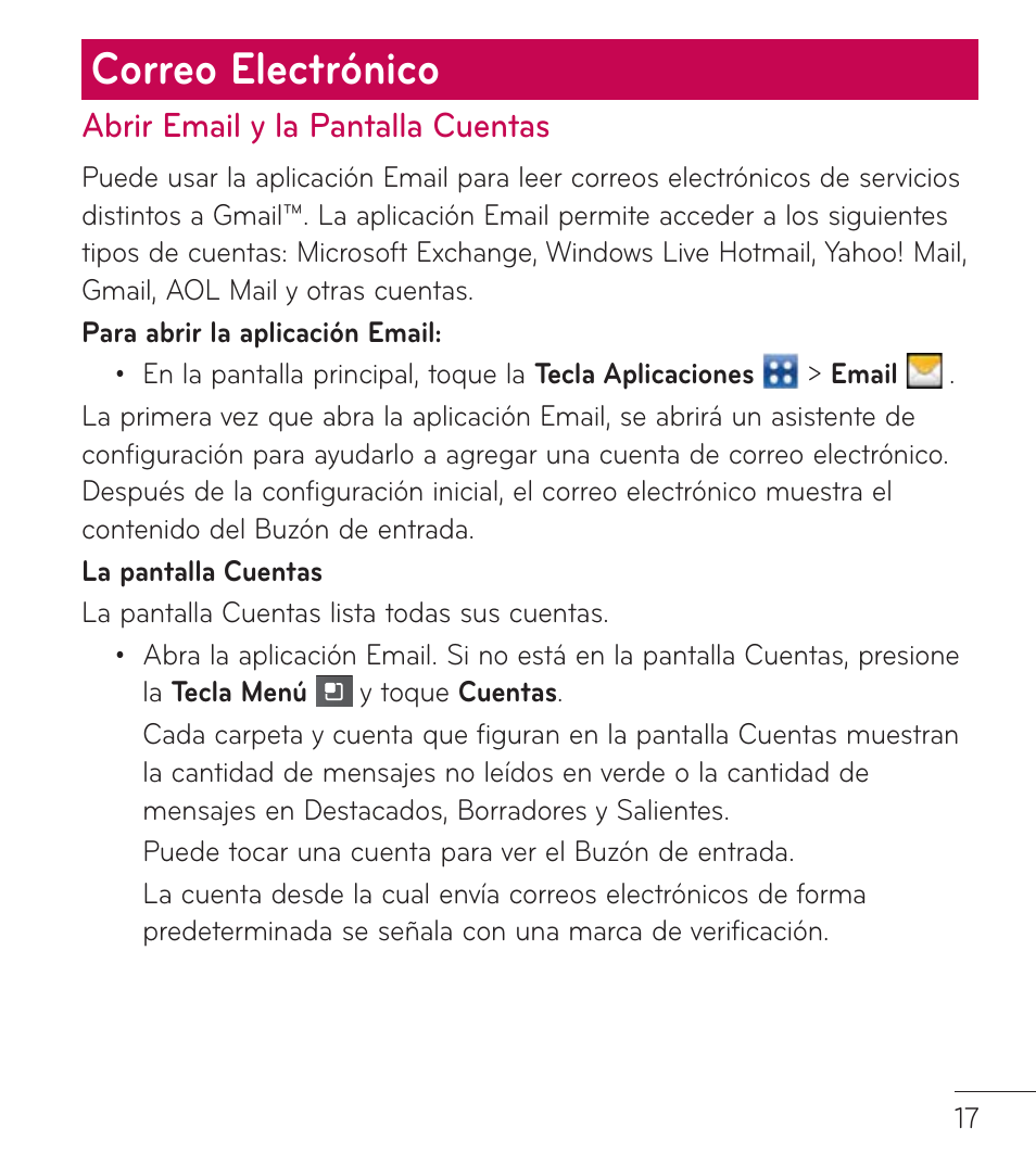 Correo electrónico, Abrir email y la pantalla cuentas | LG LGL75C User Manual | Page 39 / 48