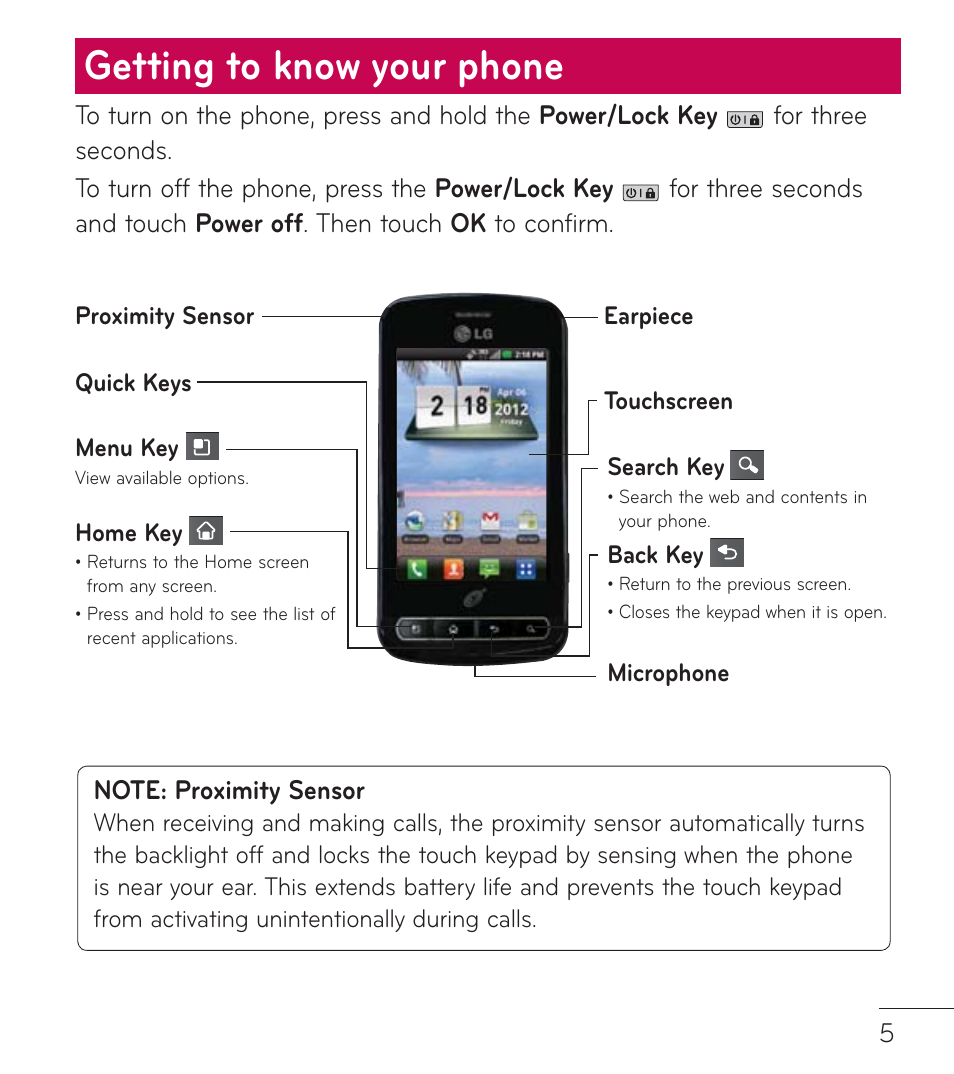 Getting to know your phone | LG LGL75C User Manual | Page 5 / 48