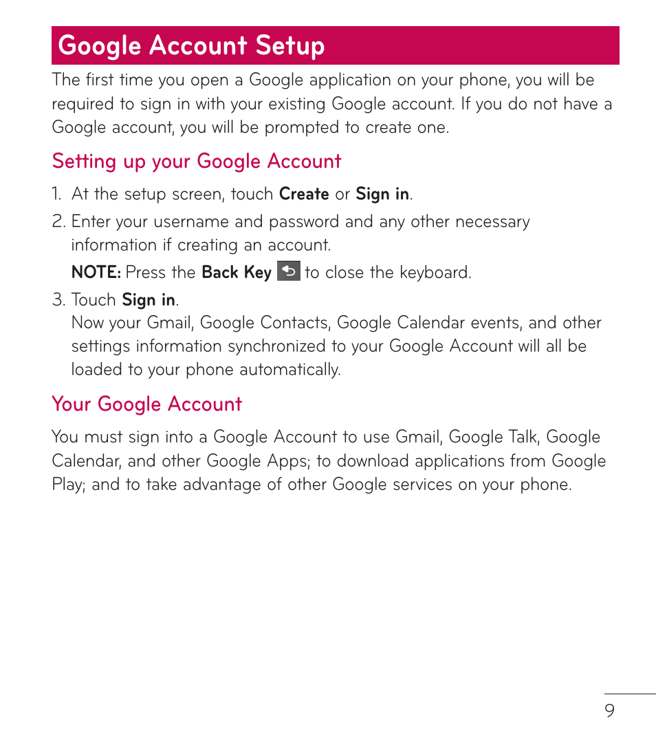 Google account setup | LG LGL75C User Manual | Page 9 / 48