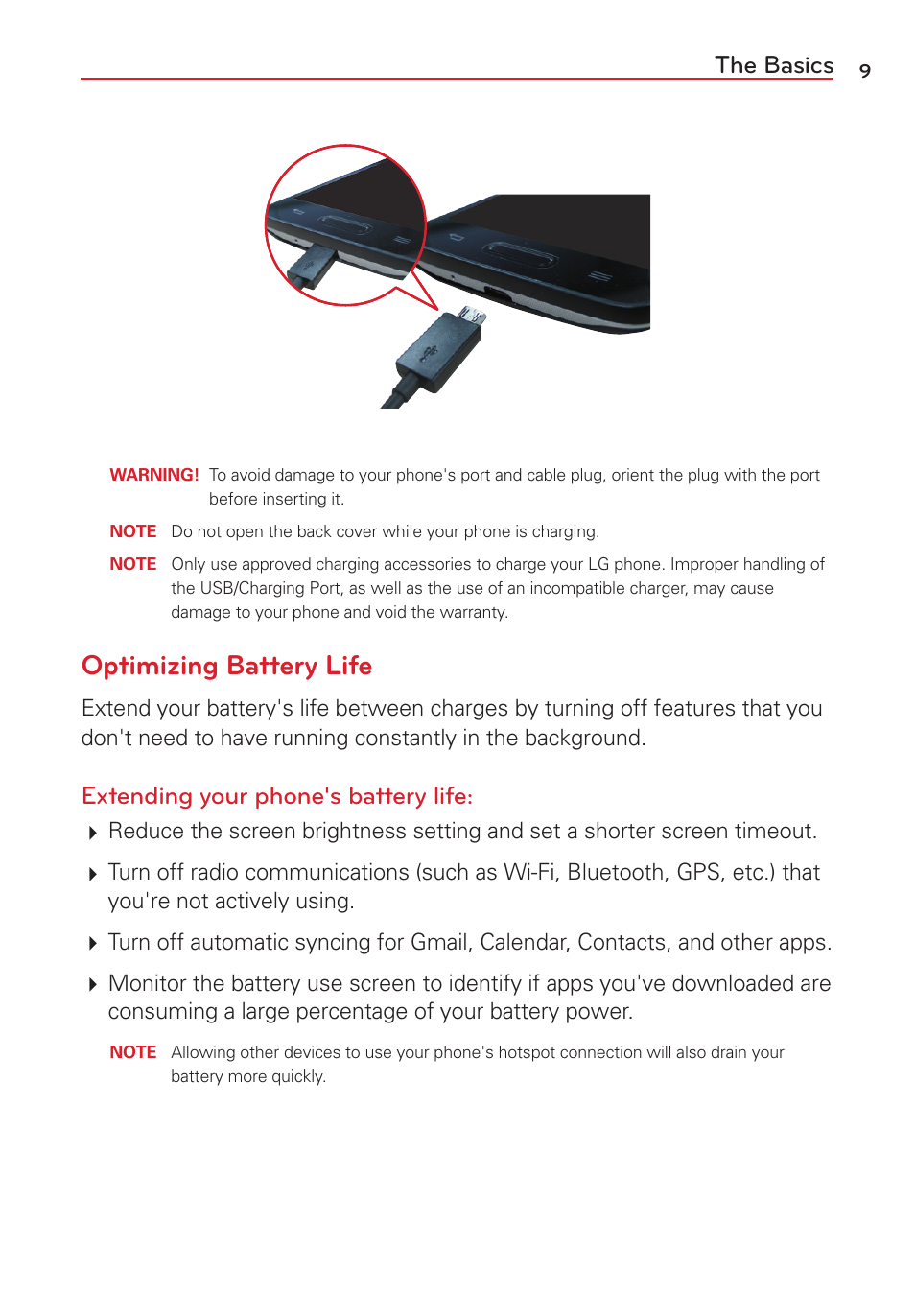 Optimizing battery life, The basics, Extending your phone's battery life | LG LGVS450PP User Manual | Page 11 / 133