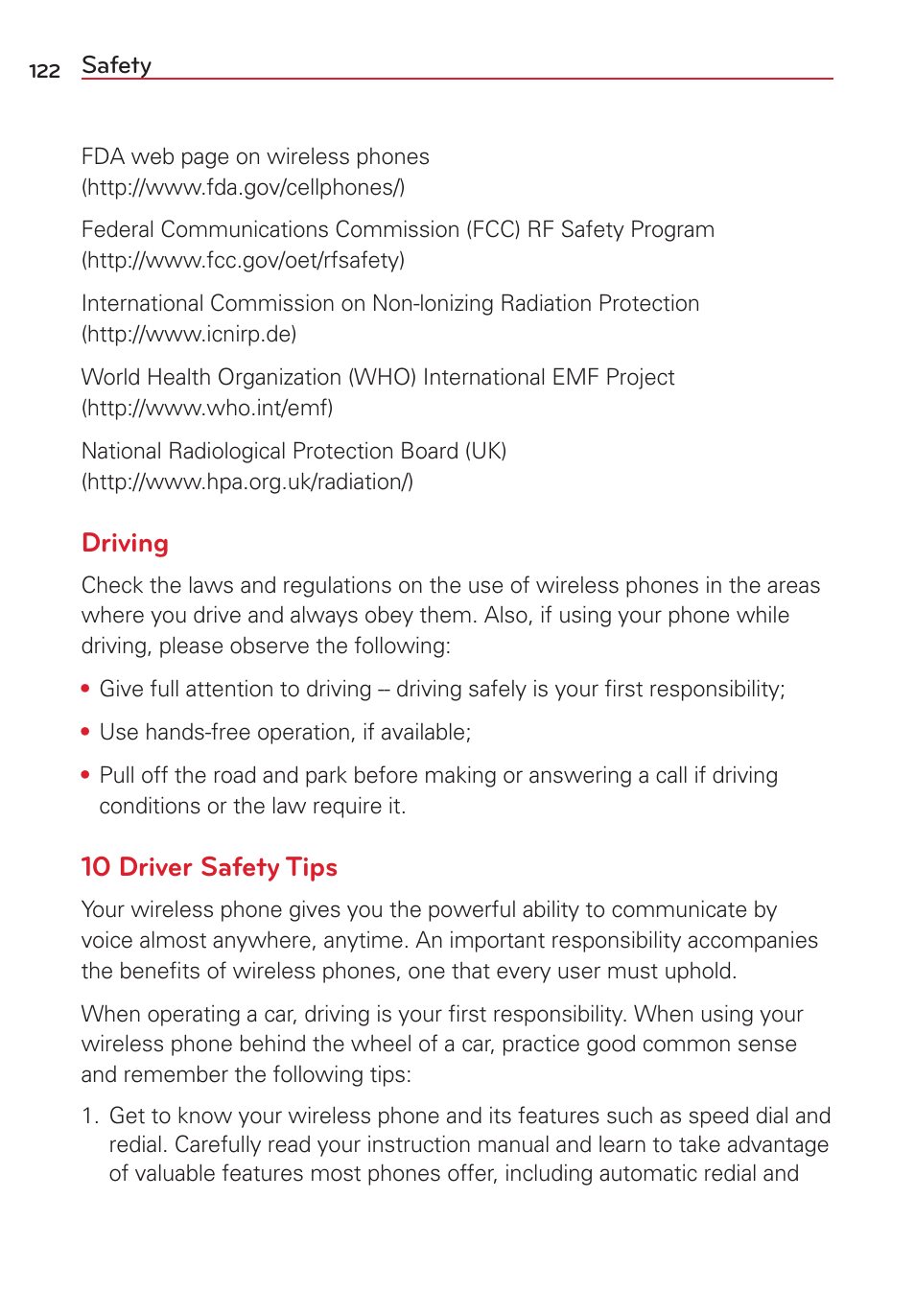 Driving, 10 driver safety tips | LG LGVS450PP User Manual | Page 124 / 133