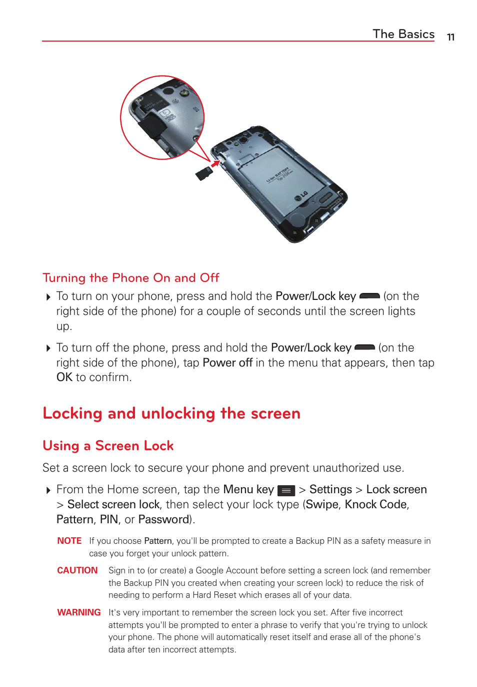 Locking and unlocking the screen, Using a screen lock, The basics turning the phone on and off | LG LGVS450PP User Manual | Page 13 / 133