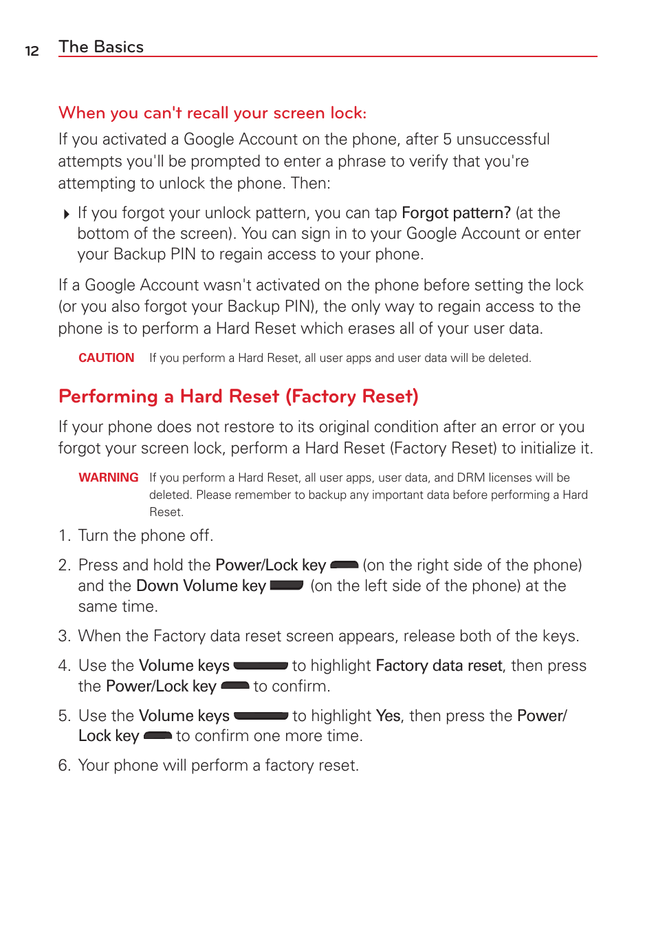 Performing a hard reset (factory reset), The basics when you can't recall your screen lock | LG LGVS450PP User Manual | Page 14 / 133