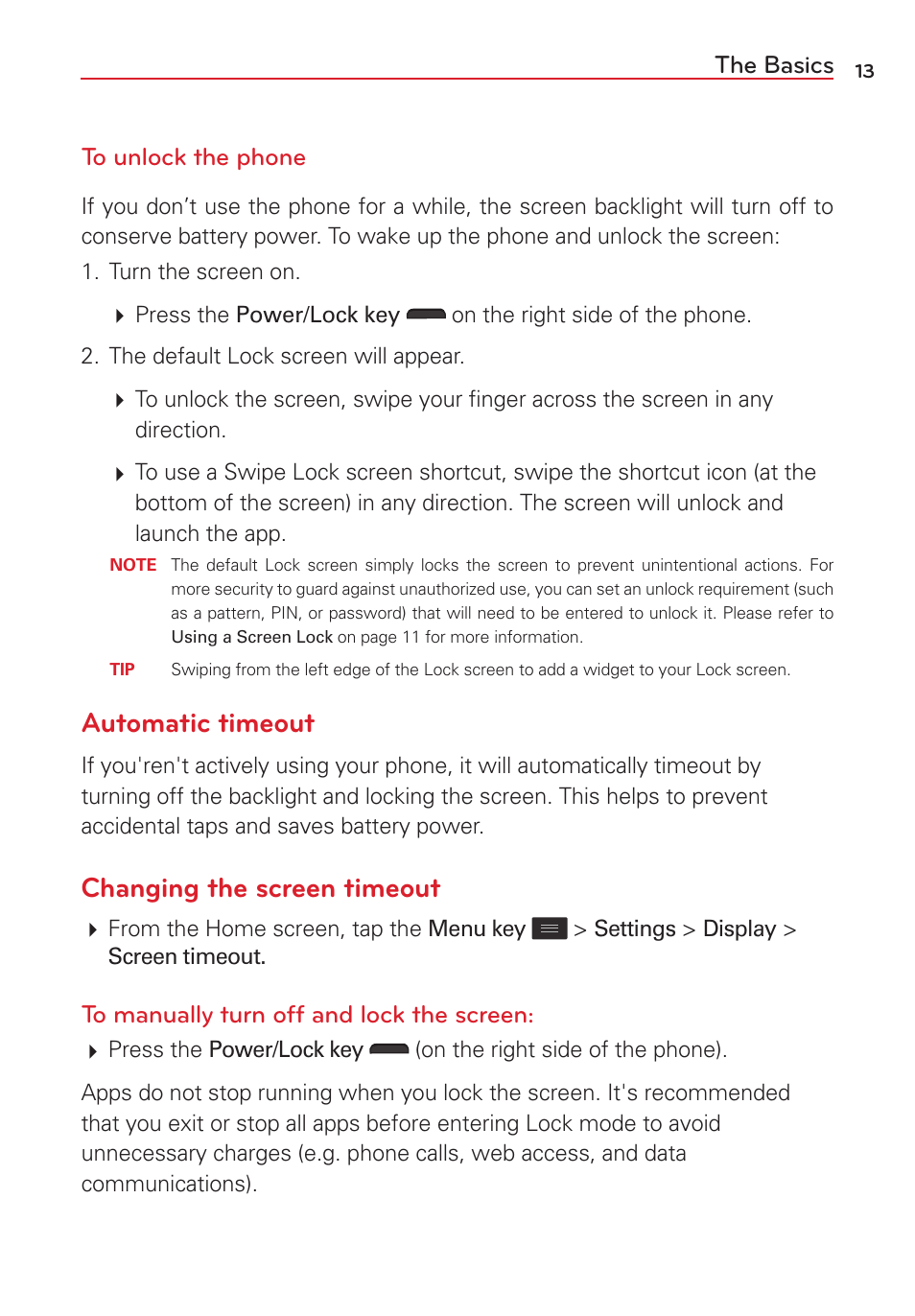 Automatic timeout, Changing the screen timeout, The basics to unlock the phone | LG LGVS450PP User Manual | Page 15 / 133