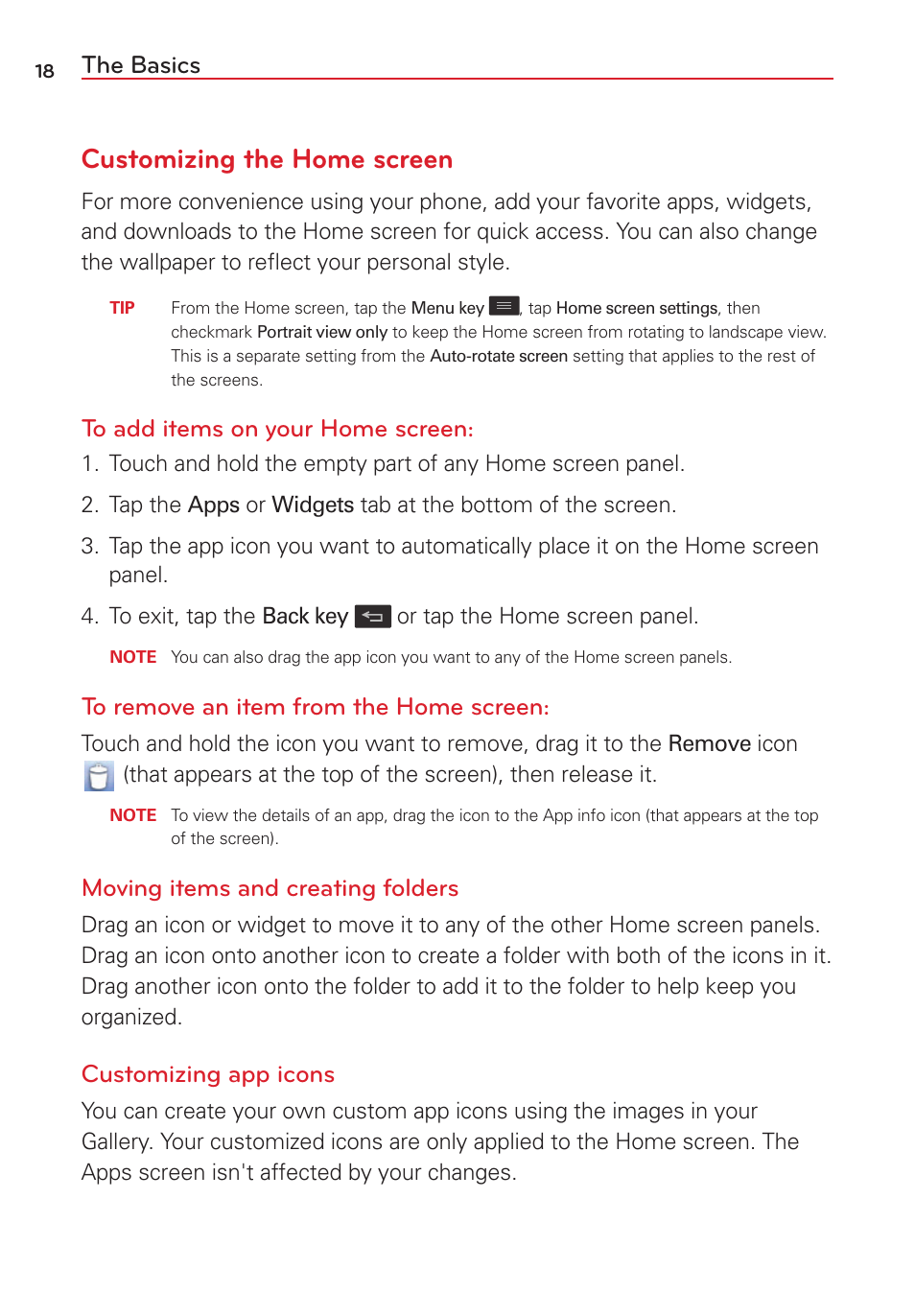 Customizing the home screen, The basics, Moving items and creating folders | Customizing app icons | LG LGVS450PP User Manual | Page 20 / 133