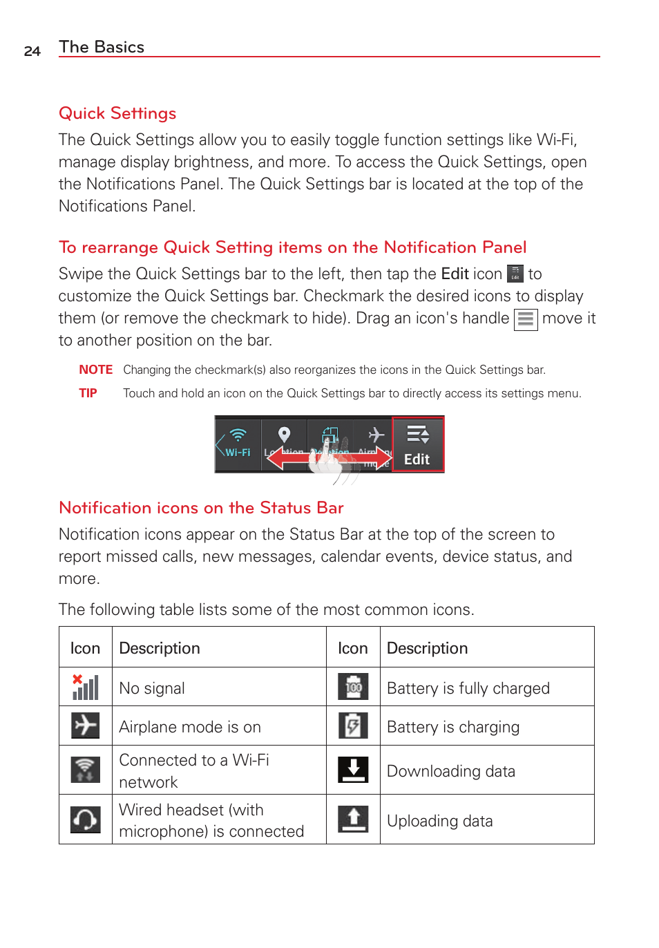 The basics quick settings, Notiﬁcation icons on the status bar | LG LGVS450PP User Manual | Page 26 / 133