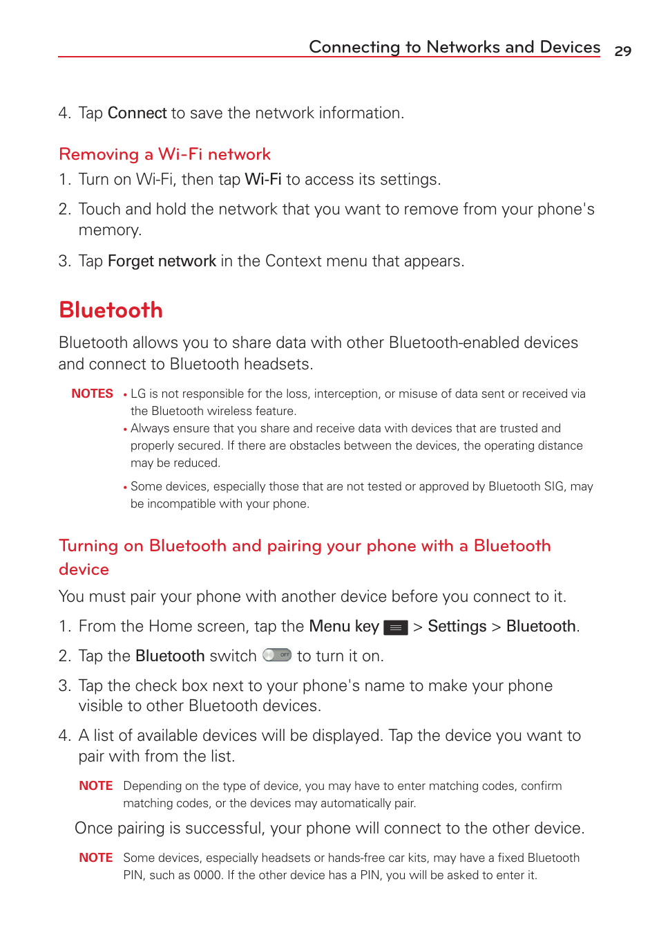 Bluetooth, Connecting to networks and devices, Removing a wi-fi network | LG LGVS450PP User Manual | Page 31 / 133