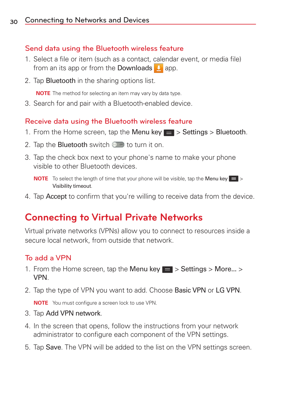Connecting to virtual private networks, Receive data using the bluetooth wireless feature | LG LGVS450PP User Manual | Page 32 / 133