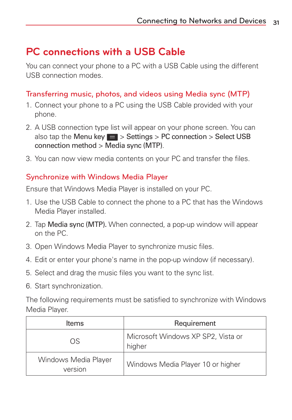 Pc connections with a usb cable | LG LGVS450PP User Manual | Page 33 / 133