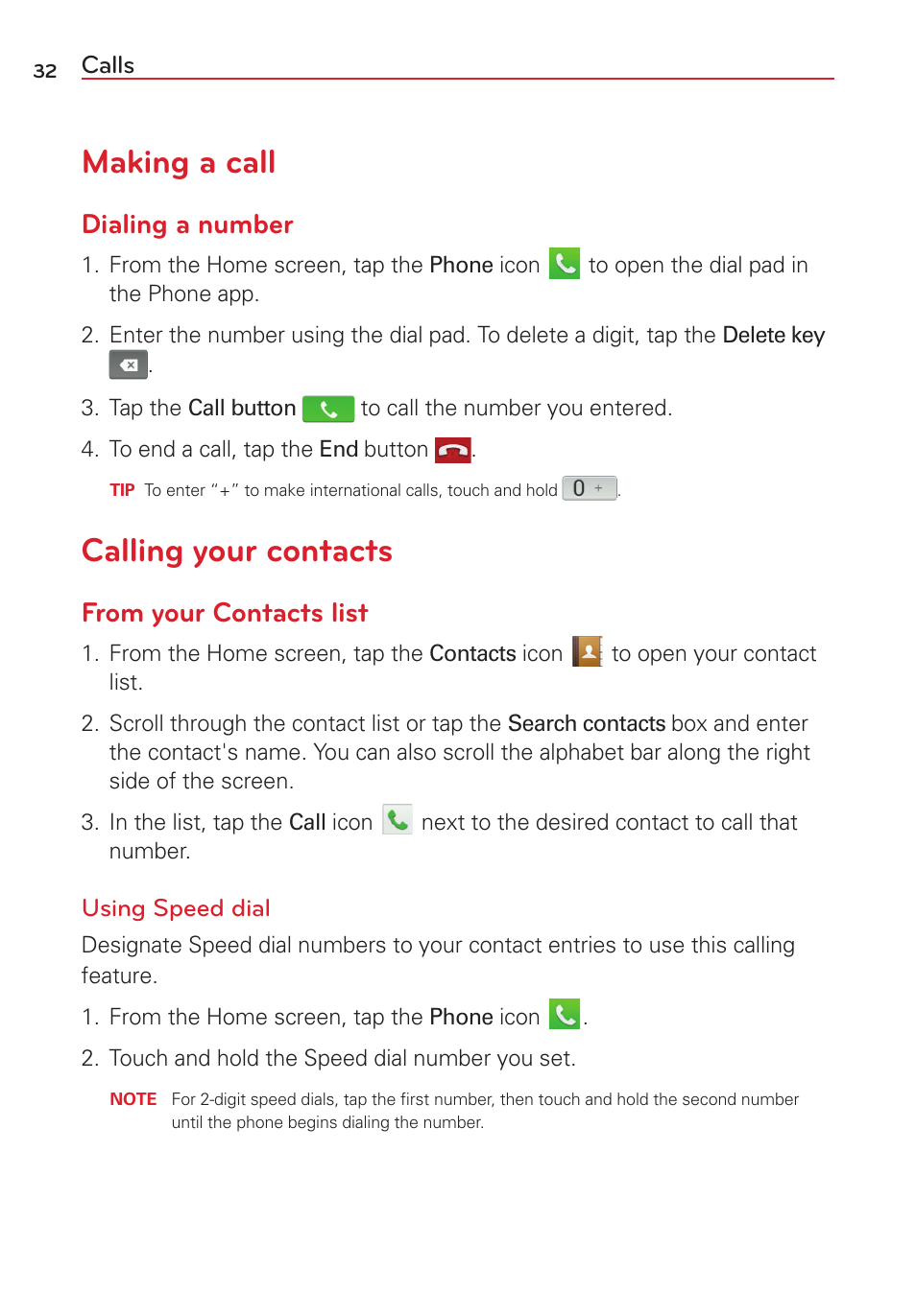 Calls, Making a call, Calling your contacts | Making a call calling your contacts, Dialing a number | LG LGVS450PP User Manual | Page 34 / 133