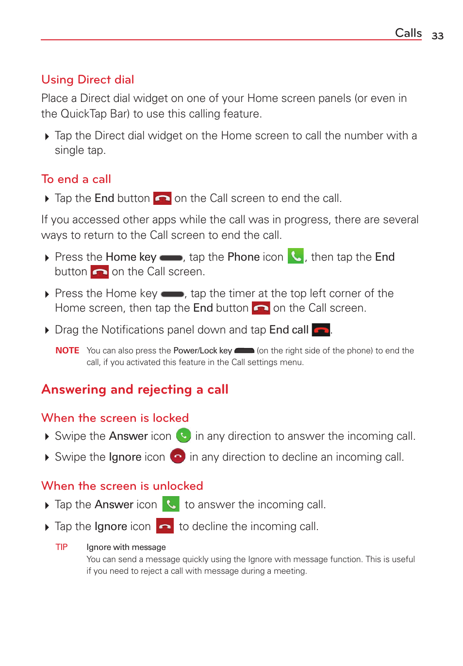 Answering and rejecting a call, Calls using direct dial, When the screen is locked | When the screen is unlocked | LG LGVS450PP User Manual | Page 35 / 133