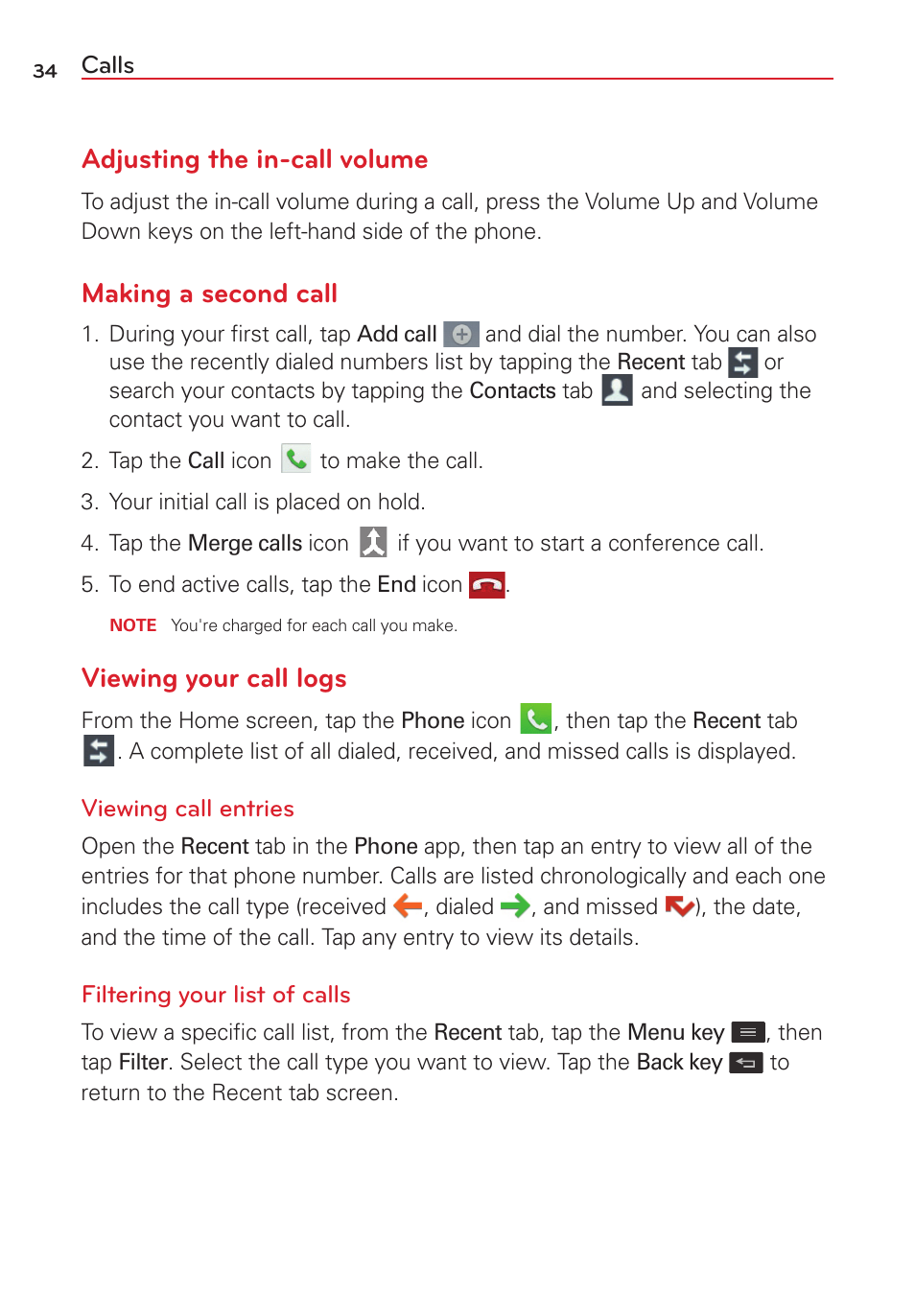 Adjusting the in-call volume, Making a second call, Viewing your call logs | LG LGVS450PP User Manual | Page 36 / 133