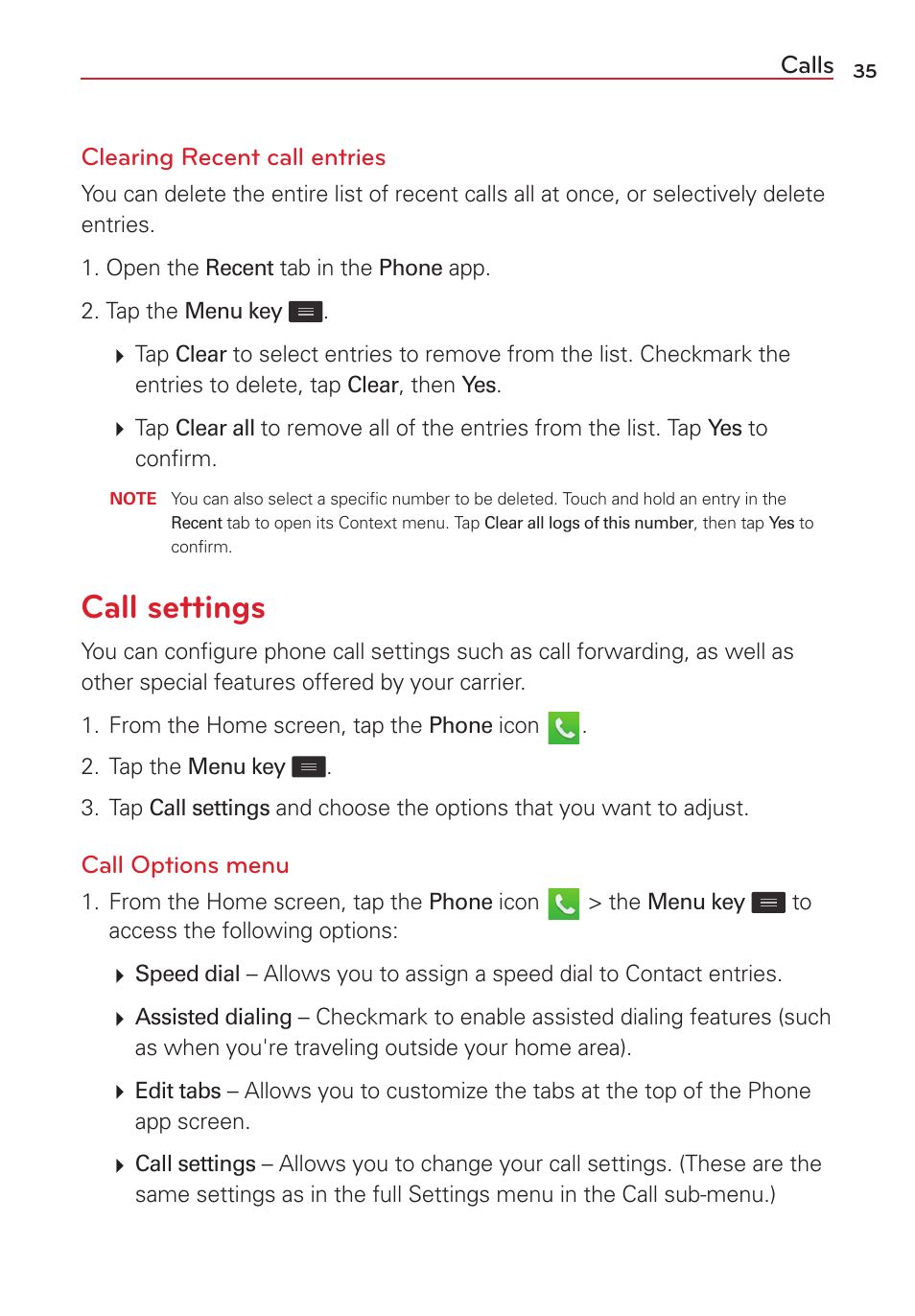 Call settings | LG LGVS450PP User Manual | Page 37 / 133