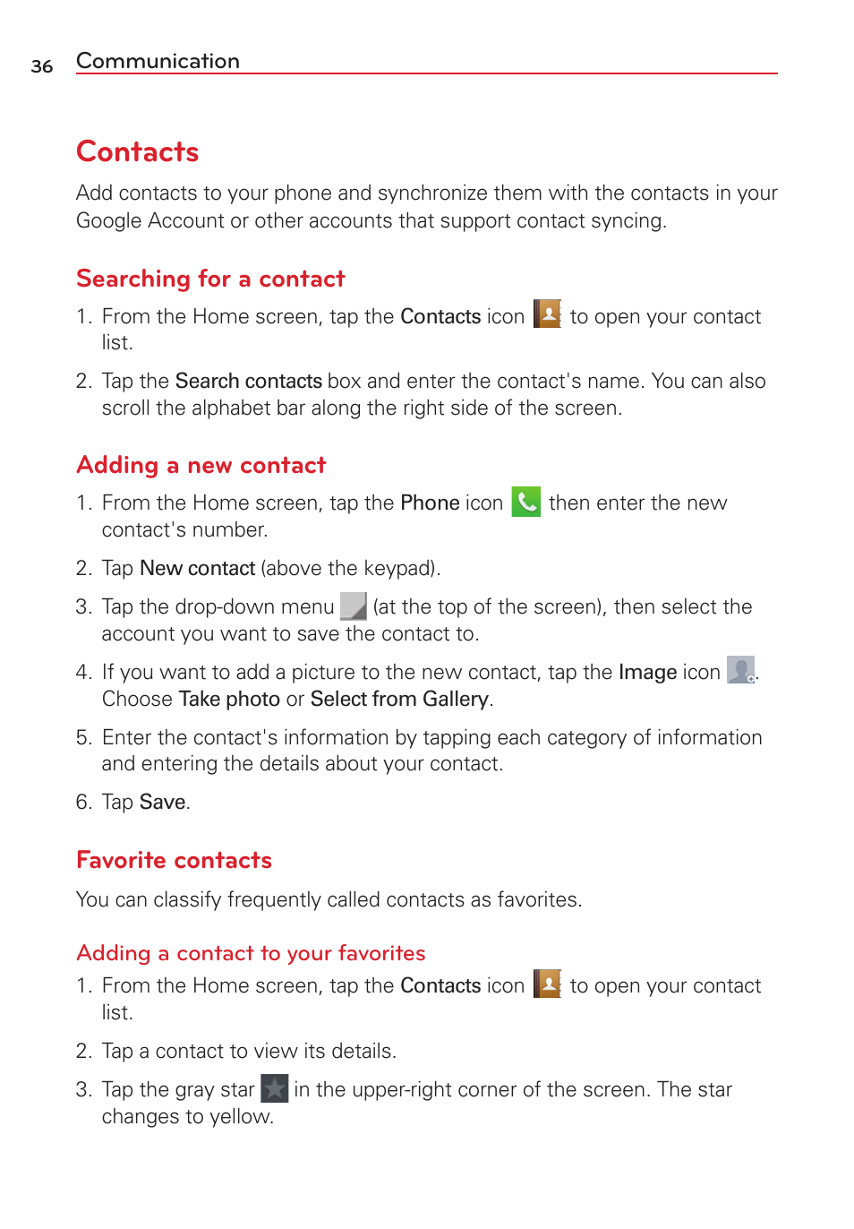 Communication, Contacts, Searching for a contact | Adding a new contact, Favorite contacts | LG LGVS450PP User Manual | Page 38 / 133