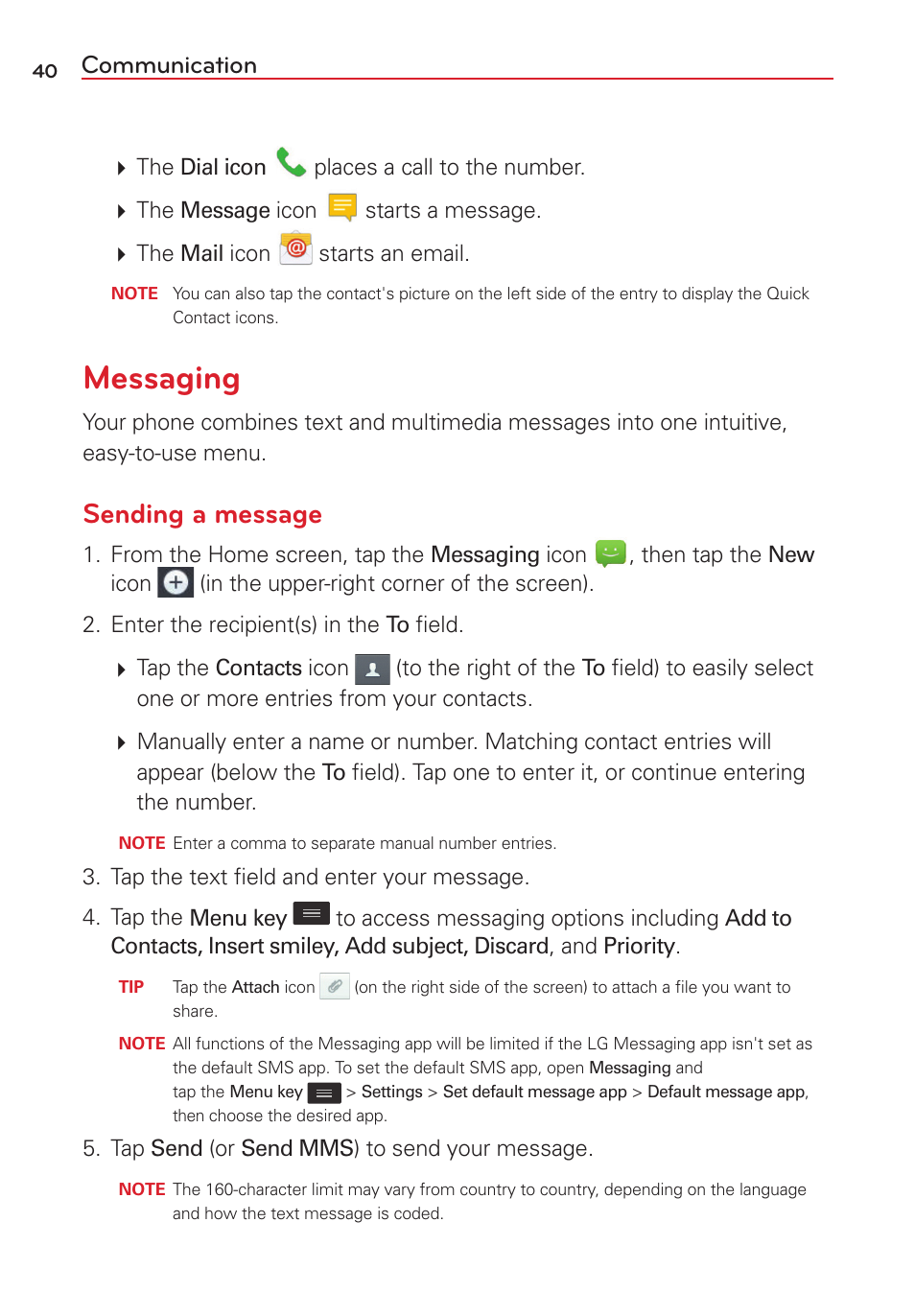 Messaging, Sending a message, Communication | LG LGVS450PP User Manual | Page 42 / 133