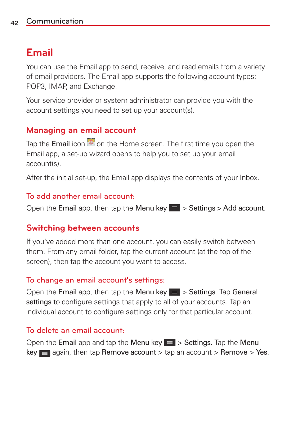 Email, Managing an email account, Switching between accounts | LG LGVS450PP User Manual | Page 44 / 133