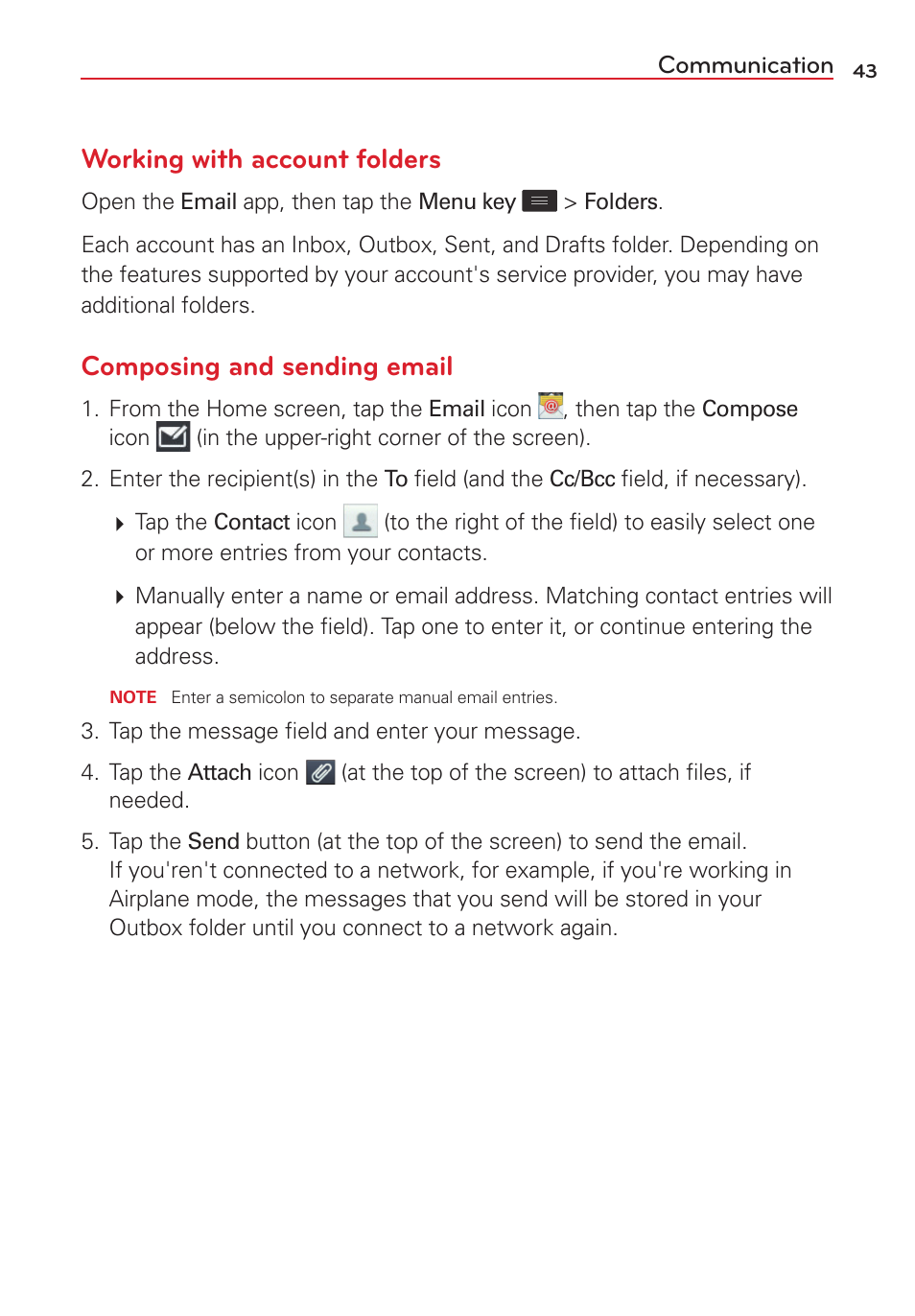 Working with account folders, Composing and sending email | LG LGVS450PP User Manual | Page 45 / 133