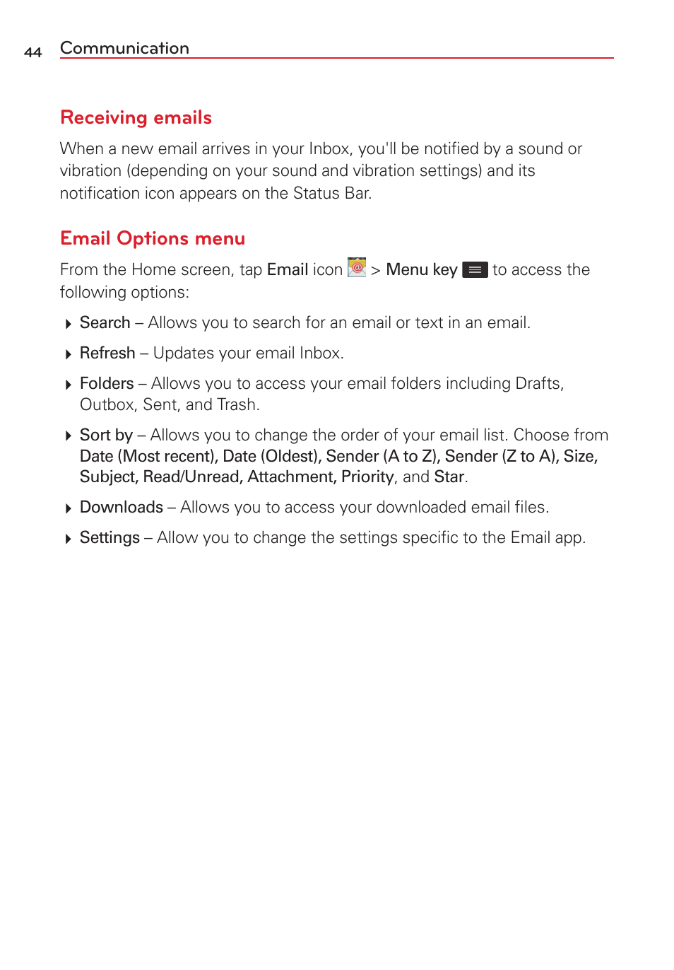 Receiving emails, Email options menu | LG LGVS450PP User Manual | Page 46 / 133