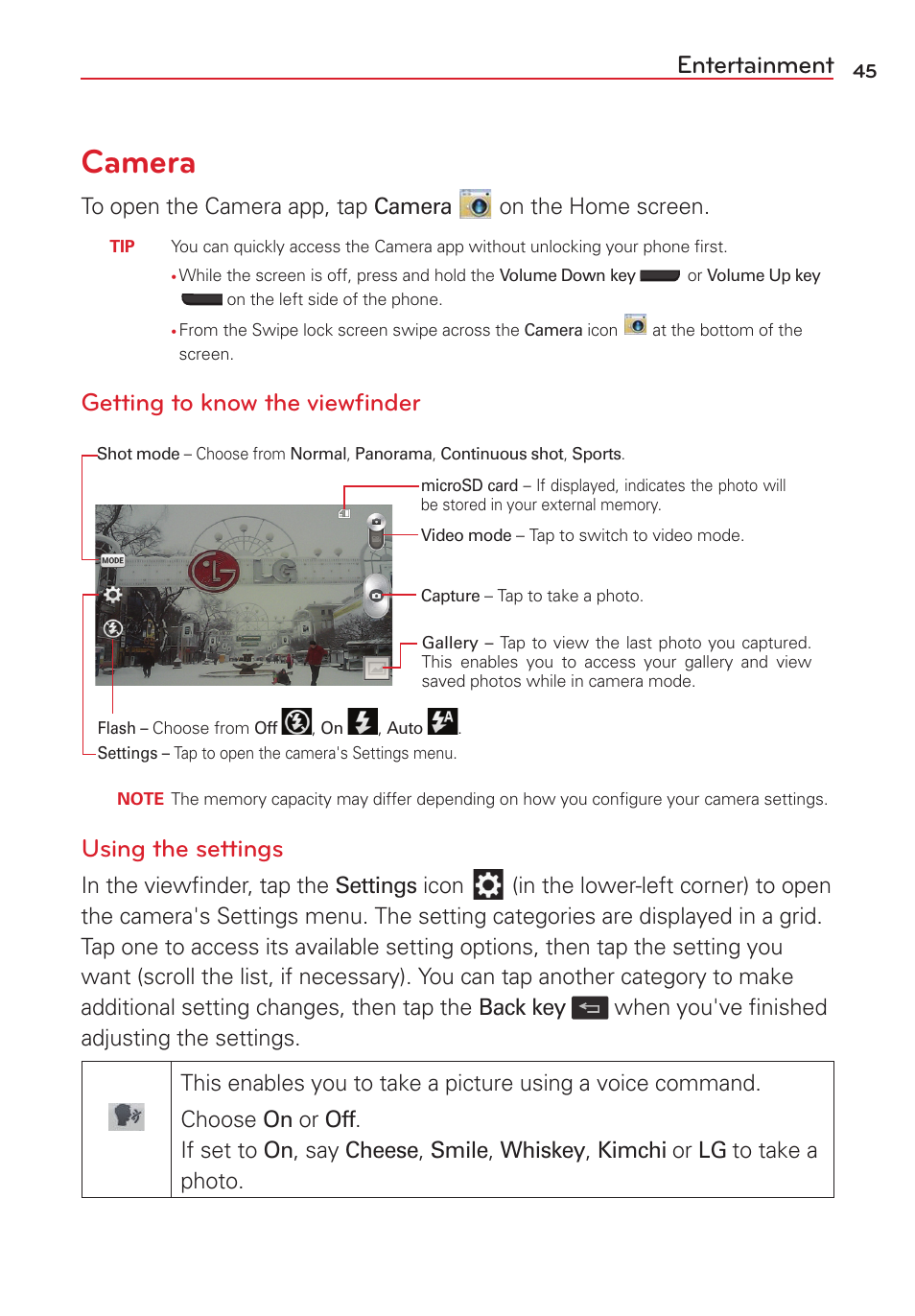 Entertainment, Camera, Getting to know the viewﬁnder | Using the settings | LG LGVS450PP User Manual | Page 47 / 133