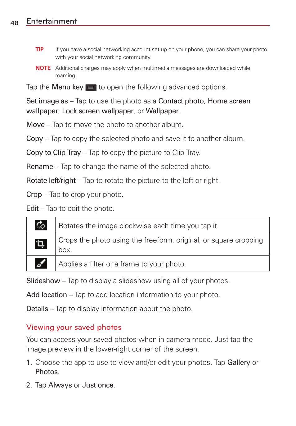 Entertainment, Viewing your saved photos | LG LGVS450PP User Manual | Page 50 / 133